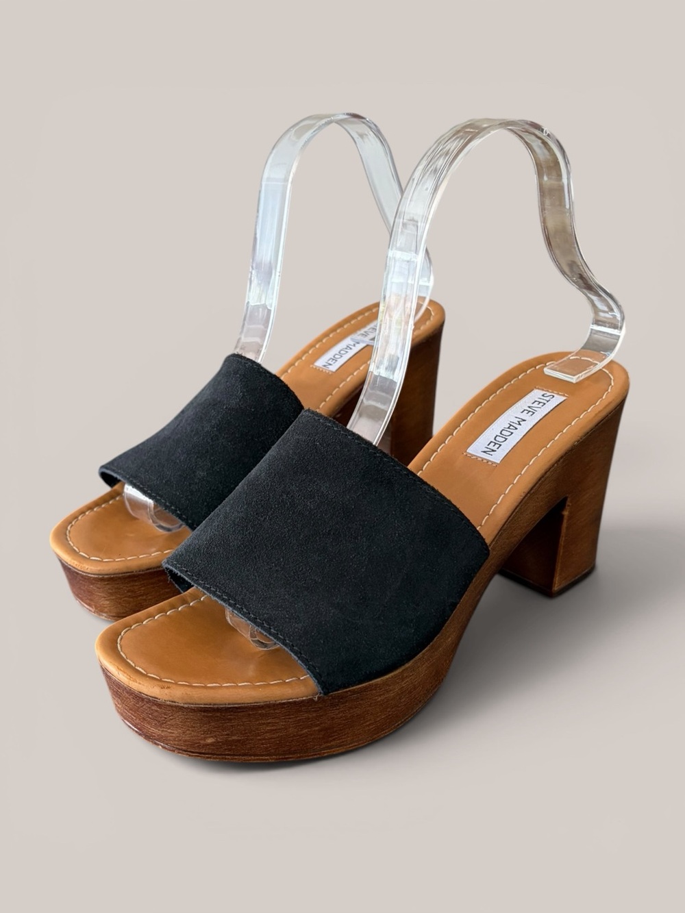 Steve Madden Fran Black Suede Platform Slide Sandals with block heel